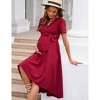 WhizMax Maternity Dress Cross V Neck Wrap Dress Lantern Short Sleeve Tie High Waist Dress A-Line Flowy Dress with Belt - 3 of 4
