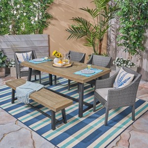 Christopher Knight Home Calero Outdoor Acacia Wood and Wicker 6 Piece Dining Set with Bench - 1 of 4