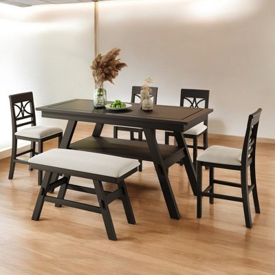 6-Piece Counter Height Dining Set with Storage Shelf, 4 Chairs and Bench, Solid Wood Farmhouse Kitchen Table Set