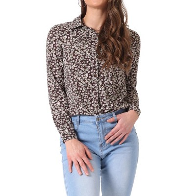 Allegra K Women's Point Collar Long Button Sleeve Button Down Floral Shirt