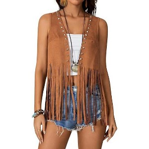 Women's Vest Studded Tassel Outerwear Open Front Sleeveless Faux Suede Vest - 1 of 4
