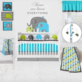 Bacati - Elephants Aqua/Lime/Gray 10 pc Crib Bedding Set with Long Rail Guard Cover