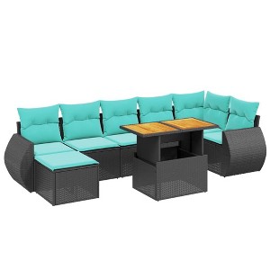 vidaXL 8 Piece Patio Sofa Set with Cushions Black Poly Rattan - Table + corner + 3x middle - 1 of 4