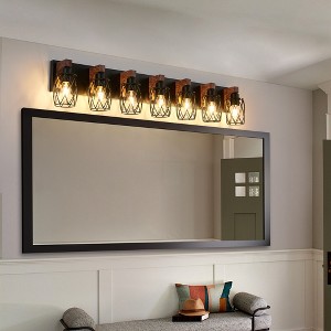 Industrial Vintage 7-Light Wall Sconce-Black Cage Wall Lighting Fixture with Wooden Accents for Bathroom, Hallway, or Living Room (Bulb Not Included) - 1 of 4