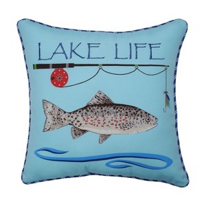 Lake Life Fishing Throw Pillow Blue - Pillow Perfect: Nautical Coastal Decor, Weather-Resistant Outdoor Cushion - 1 of 4