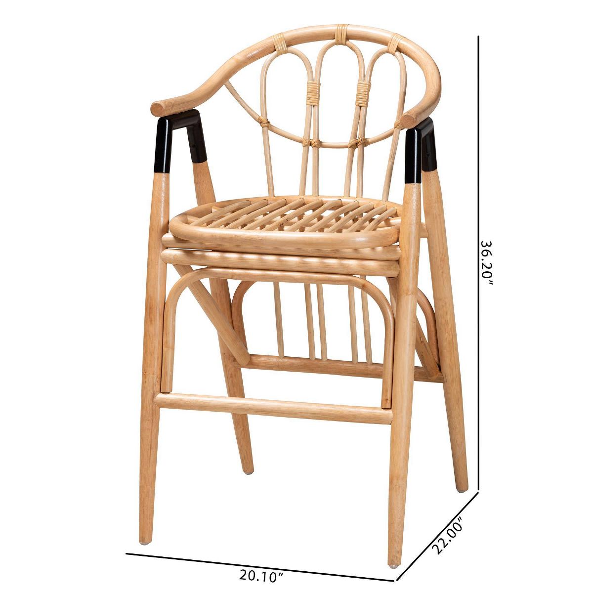 bali & pari Cyntia Rattan Counter Height Barstool Natural Brown/Black: Handcrafted, Bohemian Style, Metal Accents - thumbnail 10