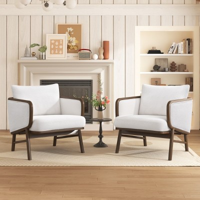 Modern Fabric Reading Accent Chairs Set Of 2,Upholstered Armrests Chair With Solid Wood Frame,Living Room Wooden Lounge Chair-Coolbibila