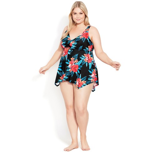 Women's Plus Size Sharkbite Print Tankini Top - Black Hibiscus | Evans :  Target