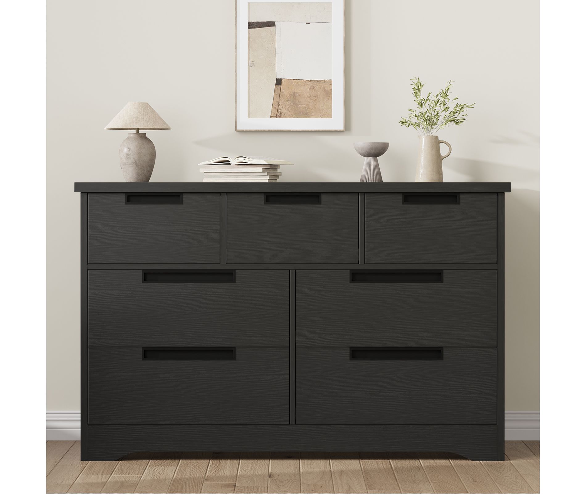 7 Drawer Dresser for Bedroom, Black 7 Chest of Drawers with Embedded Handles, Wooden Dresser Organizer Tv Stand for Living Room Nursery Hallway