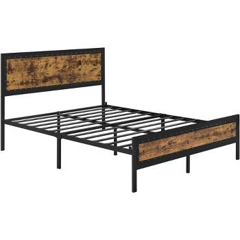 Yaheetech Industrial Metal Platform Bed with Wooden Headboard and Footboard