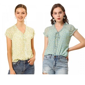 Allegra K Women's Floral Chiffon V Neck Ruffled Short Sleeve Shirt 2 Packs - 1 of 4