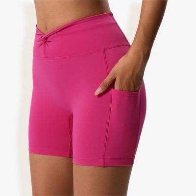 Anna-Kaci Active Women's High Waist Ruched Front Biker Shorts with Side Pockets and Seamless Stretch Fabric for Activewear- Large, Fuchsia