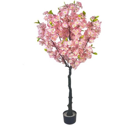 4ft Artificial Cherry Blossom Tree with Pink Silk Blossoms and Green Leaves, Realistic Fake Tree in Black Pot for Indoor Home and Office Decor