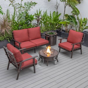LeisureMod Walbrooke 4-Piece Modern Brown Patio Conversation Set with Slats Design Square Fire Pit & Tank Holder, Sectional Seat for Outdoor Spaces - 1 of 4