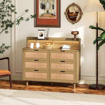 43.31" 6-Drawers Rattan Dresser, Storage Cabinet with LED Lights and Power Outle 4M - ModernLuxe