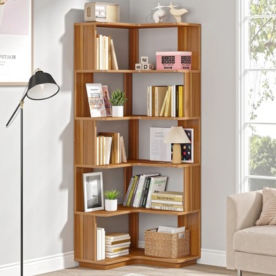 Hommoo 6-Tier Corner Bookshelf, 64.96" Corner Bookcase with Anti-Drop Panel