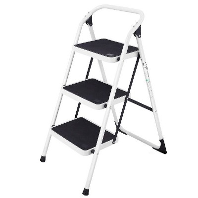 Cesicia White 3-Step Folding Ladder with Handgrip and Anti-Slip Platform