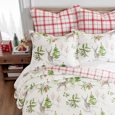 Twin White Cotton Reversible Holiday Comforter Set