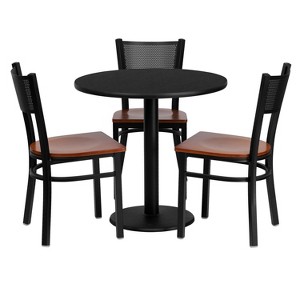 Emma and Oliver 30" Round Black Laminate Table Set, 3 Grid Back Metal Chairs - 1 of 2