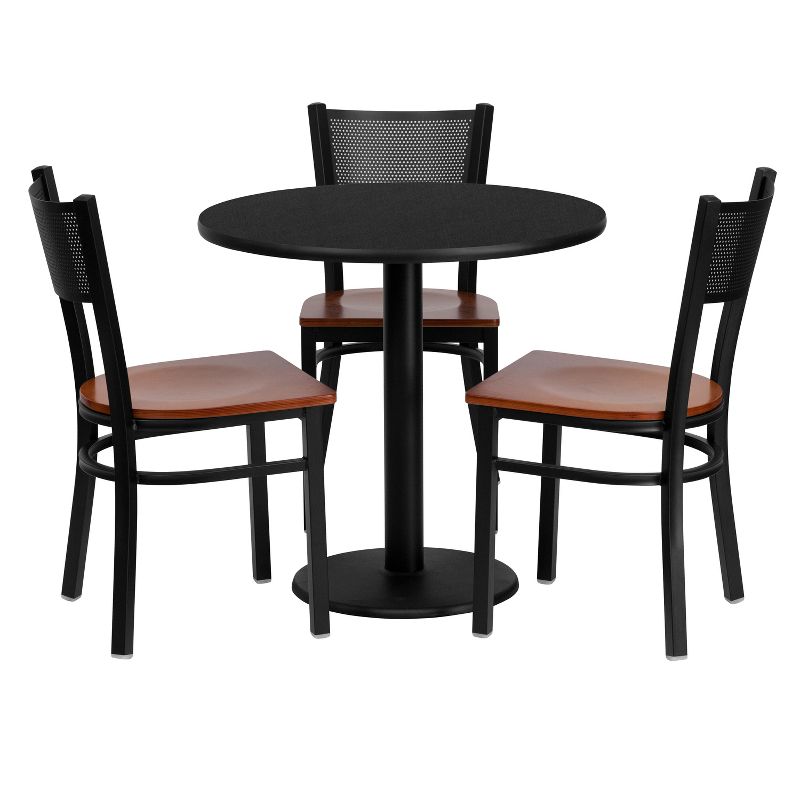 Flash Furniture 30'' Round Black Laminate Table Set with 3 Grid Back Metal Chairs - Cherry Wood Seat, 1 of 3