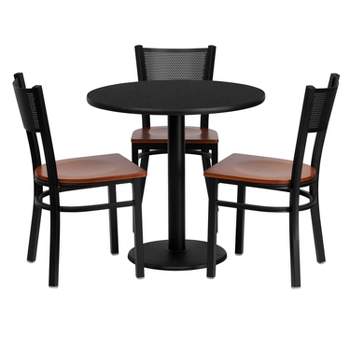 Flash Furniture 30'' Round Black Laminate Table Set with 3 Grid Back Metal Chairs - Cherry Wood Seat