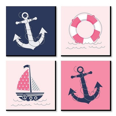 Big Dot of Happiness Ahoy - Nautical Girl - Kids Room, Nursery Decor and Home Decor - 11 x 11 inches Kids Wall Art - Set of 4 Prints