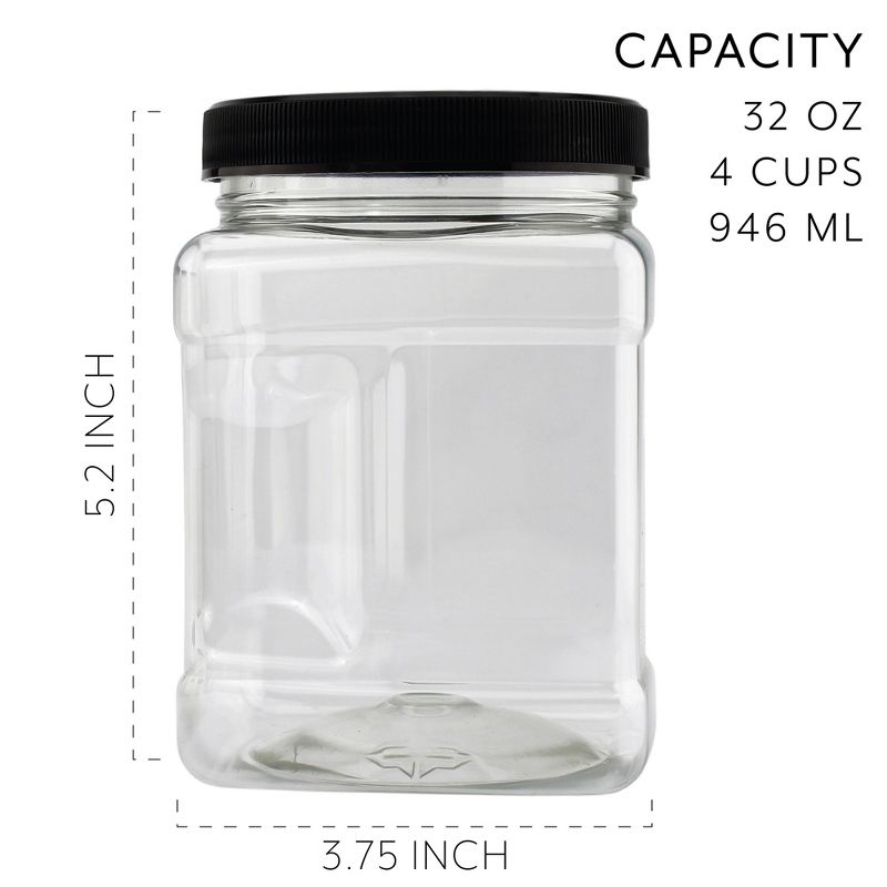 Cornucopia Brands 32oz Square Plastic Jars 4pk; Clear Rectangular 4-Cup Canisters w/Black Lids, Easy-Grip Side, 2 of 7