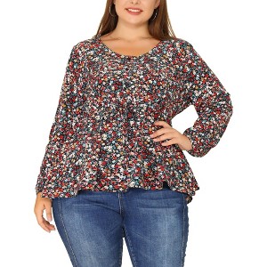 Agnes Orinda Women's Plus Size Round Neck Button Up Puff Floral Long Sleeve Casual Peplum Blouses - 1 of 4