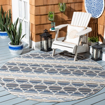 Blue/Grey Geometric 6'7" Round Stain-Resistant Synthetic Rug