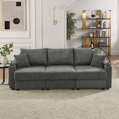 GDFStudio Rod Modern 3 Seater Corduroy  102" Sofa with Cup Holders,Mobile Phone Holder and Armrest Storage