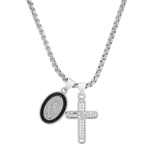 Steeltime Ladies brass & black enamel Our Lady of Guadalupe and simulated diamond cross pendant charms. Color Options: White, Gold - 1 of 4