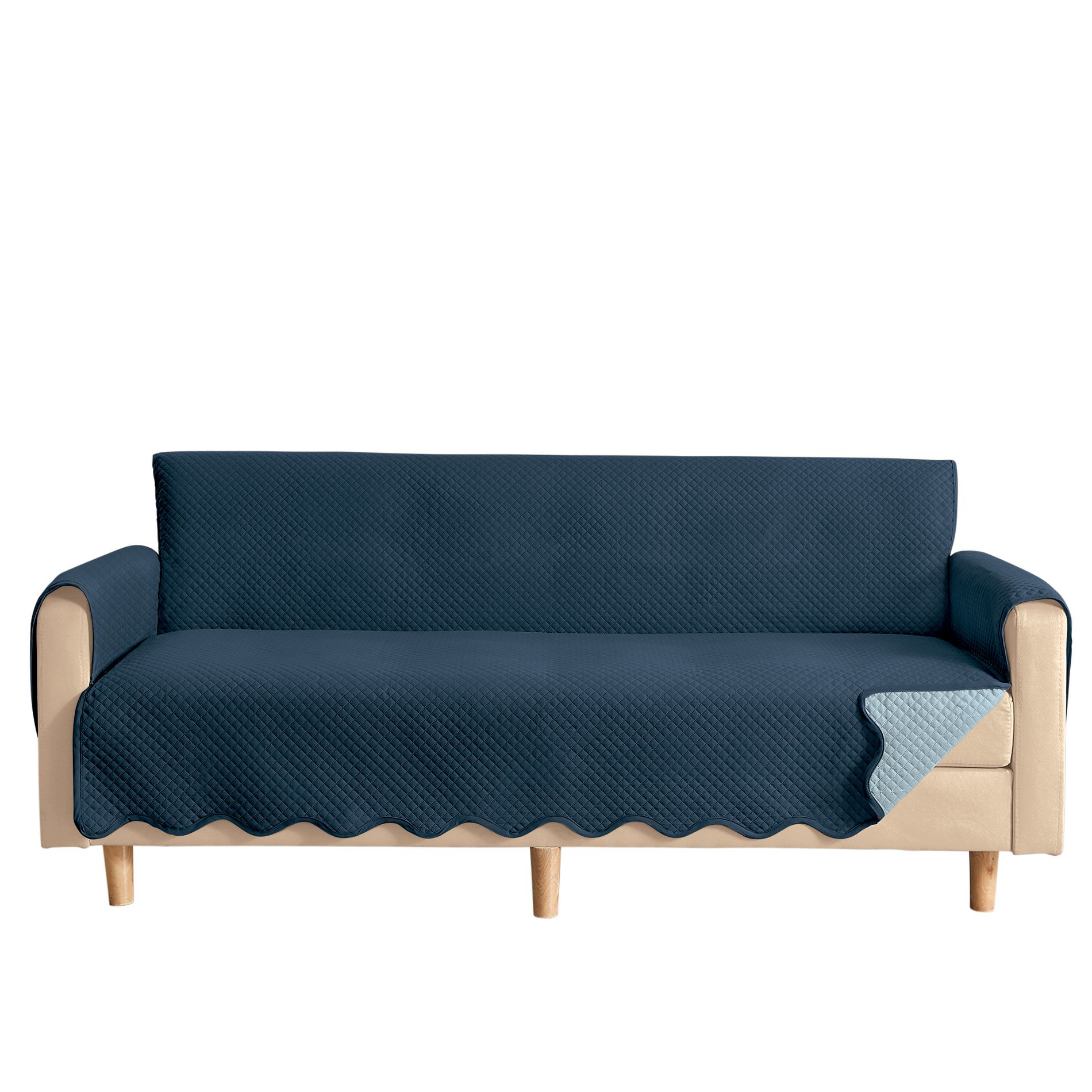 Collections Etc Lacey Scalloped Edge Reversible Quilted Furniture Protector Sofa Navy/Light Blue