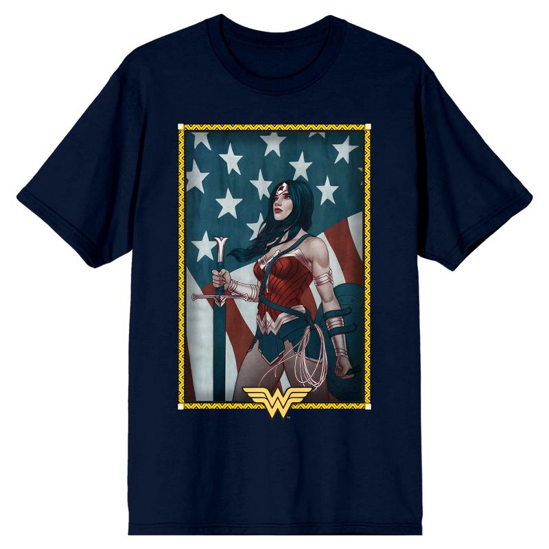 Wonder Woman with Shield, Sword, and American Flag Background Men's Navy Blue Graphic Tee, 1 of 4