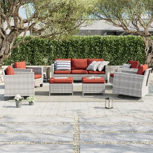 Sonkuki 8-Piece Patio Conversation Set, Outdoor Furniture Set with 4 Rattan Swivel Rocking Chairs, Side Table, Ottoman and Navy Blue Cushion - 1 of 4