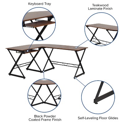 Teakwood Laminate L-Shape Computer Desk with Black X-Base