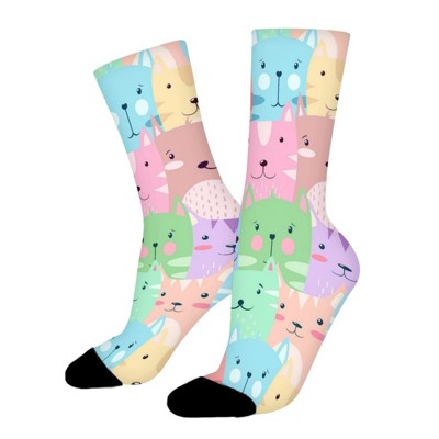 Colorful Cat Faces Women Printed Crew Socks Funny Funky Socks Soft Polyester Novelty Gifts for Artists Men