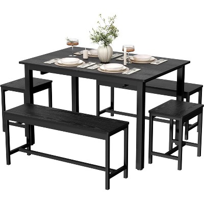 5-Piece Extendable Dining Table Set for 4-8 People,63 Inch Kitchen Table with 2 Benches & 2 Stools,Space Saving Modern Dining Room Furniture - Black