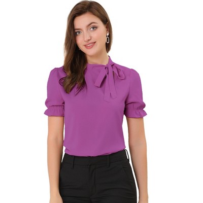 INSPIRE CHIC Women's Bow Tie Neck Solid Color Elastic Cuffs Elegant Office Short Sleeve Blouse
