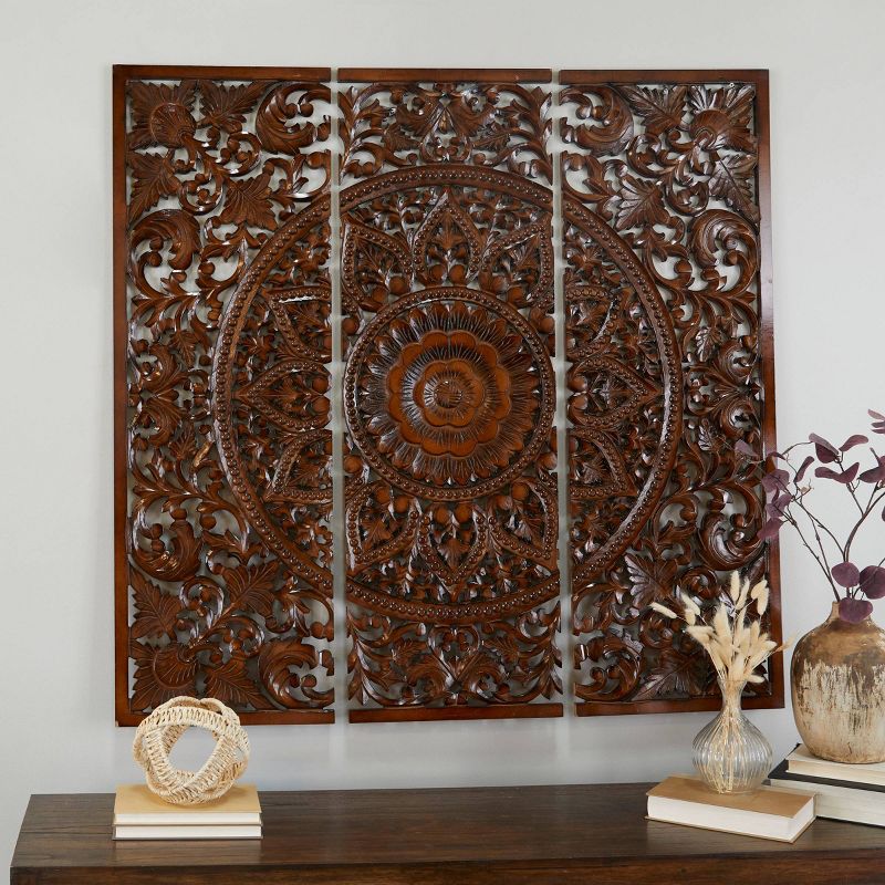 Set of 3 Wooden Floral Handmade Intricately Carved Wall Decors with Mandala Design - Olivia & May, 3 of 9