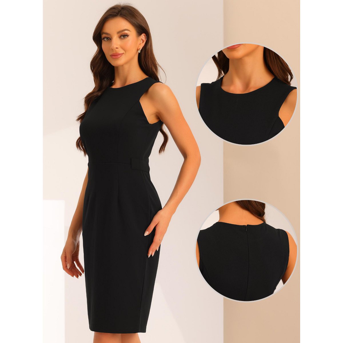 Женские платья INSPIRE CHIC Women's Belted Round Neck Sleeveless Casual Office Sheath Dresses Medium Black — фото 2