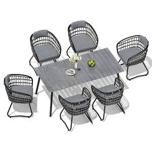 Crestlive Products Outdoor Dining Set Patio Dining Table with Rattan Dining Chairs Wooden-Like Top and Aluminum Frame Umbrella Hole - 1 of 4