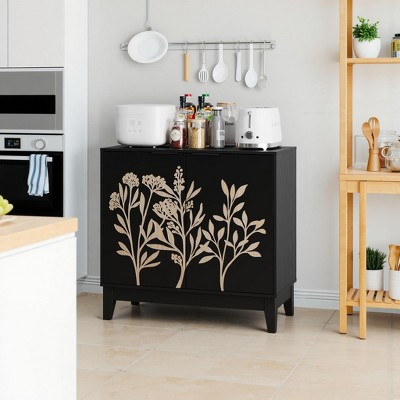 Carved Floral Accent Storage Cabinet with 2 Doors & Adjustable Shelf, Black Vintage Sideboard Buffet Cabinet for the Living Room Entryway Home Office