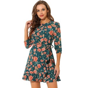 INSPIRE CHIC Women's 3/4 Sleeve Round Neck Ruffle Floral Dresses - 1 of 4