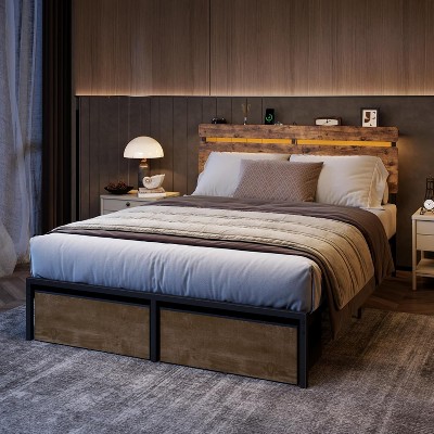 Full Size Bed Frame with Wood Headboard Metal Platform Bed with 2 Storage Drawers Shelf Built in Charging Station LED Lights No Box Spring Needed