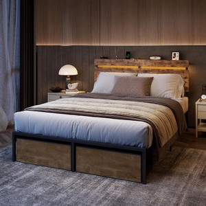 Full Size Bed Frame with Wood Headboard Metal Platform Bed with 2 Storage Drawers Shelf Built in Charging Station LED Lights No Box Spring Needed - 1 of 4