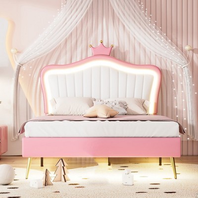 Full Size Bed Frame With LED Lights,  Modern Full Size Upholstered Princess Bed With Crown Headboard For Girls Pink