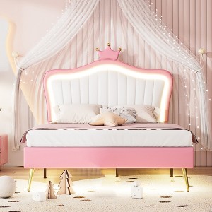 Full Size Bed Frame With LED Lights,  Modern Full Size Upholstered Princess Bed With Crown Headboard For Girls Pink - 1 of 4
