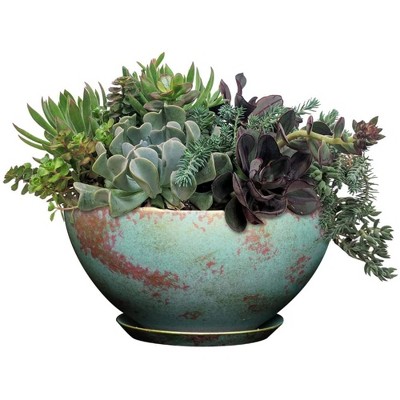 Rosie 10" Patina Copper Resin Indoor/Outdoor Round Planter Bowl