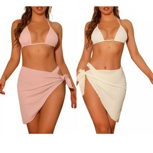 Elerevyo Women's Halter Bikini Sets, Hollow Out Mesh Swimsuits with Sarong Cover Ups Beach Skirt Bathing Suit 3 Pcs 2 Sets - 1 of 4