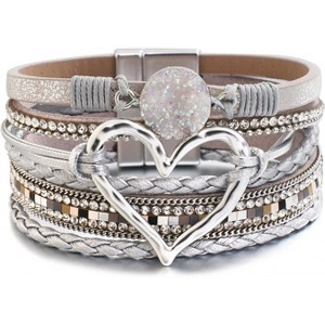 Leather Wrap Bracelet with Heart-Shape Decor & Crystal Beads, Bohemian Cuff Bangle for Women & Girls - 1 of 4
